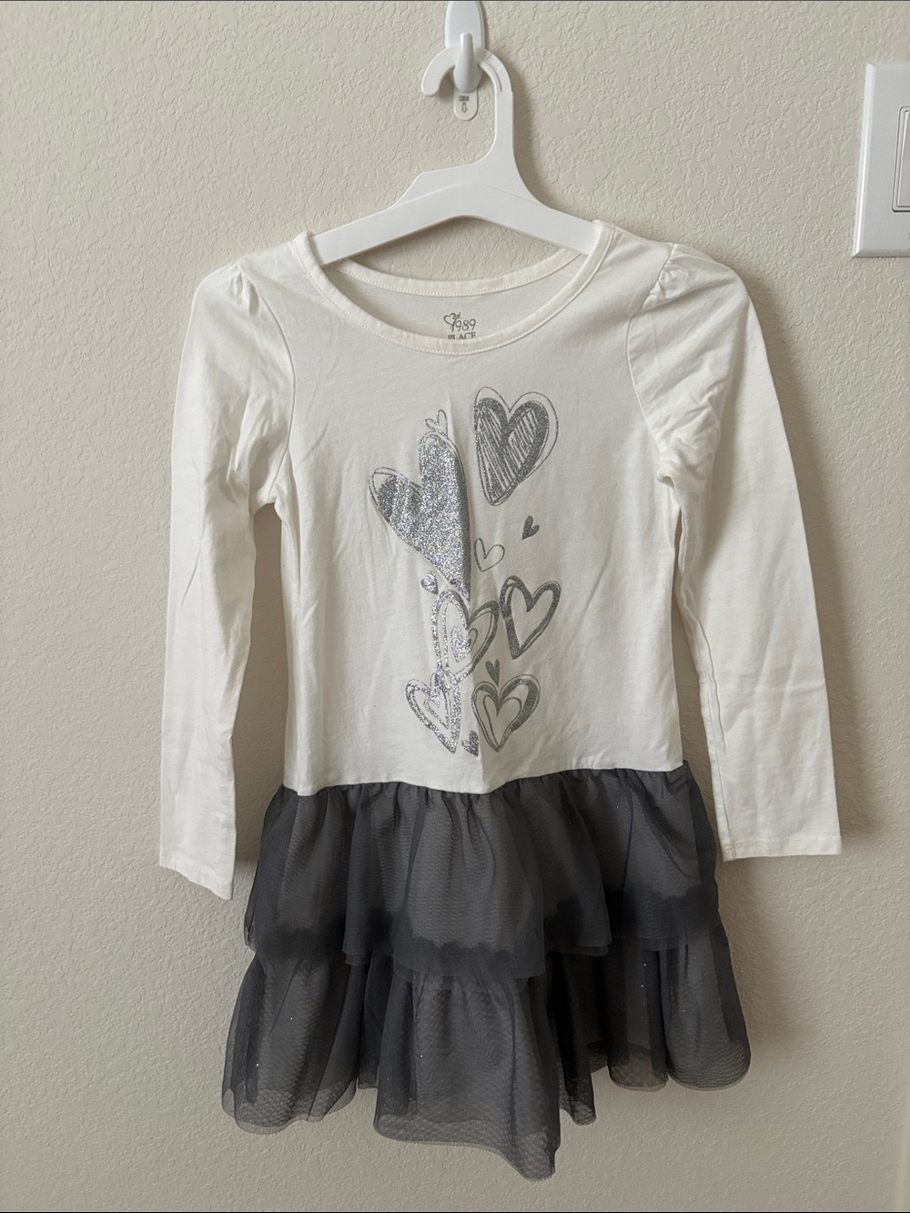 The Children's Place White Top with Gray Heart Graphics and Gray Tulle Skirt